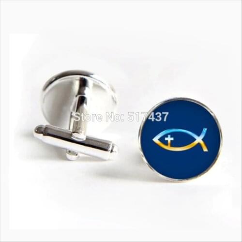 2017 wholesale Crucifix Cufflinks Christian Fish Cuff Links Christian Fish Cuff Fashion Black Round Cufflinks