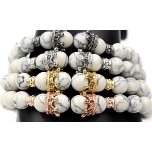 8mm t5g2 gold silver micro pave cz zircon cubic zirconia elastic adjusted Charm bead Bracelet white Howlite Stone Bangles