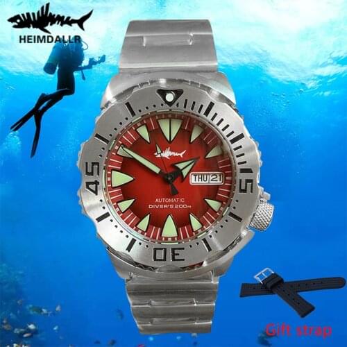 Heimdallr Automatic Watch Men PVD Black Case NH36A Sapphire Crystal Red Dial Watches Men Dive Watch 200m C3 Luminous Wristwatch