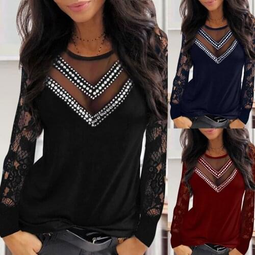 Lace Sequins Womens Shirt Longe Sleeve V-neck Blouse Women Elegant Spring Tunic Tops Soild 3xl Plus Size Blouses Vetement Femme