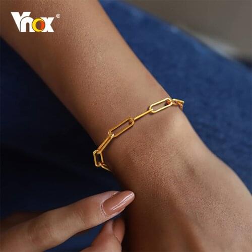 Vnox Rectangle Link Chain Bracelet for Women, Minimalist Metal Paperclip Links Wristband, Elegant Minimalist Gold Color Jewelry