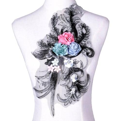 1Pcs Embroidery 3D Flower Black Lace Patches Applique For Wedding/Evening Dress Sew On Floral Patch Costume Accessories NL159