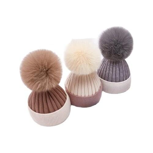 Winter kid Boy thick warm Rabbit fur knitted beanies Cap Girl Lady women Child Patchwork fox fur pom pom knitted skullies hat