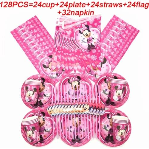 Disney Minnie Mouse Pink Christmas Party Supplies Paper Plate Cup Straws Tableware Cute Baby Girls Minnie Party Banner Decor Set
