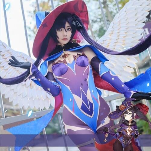Game Genshin Impact Mona Cosplay Costume Hat Earrings Anime Wig Women Sexy Halloween Party Dress Body Suit