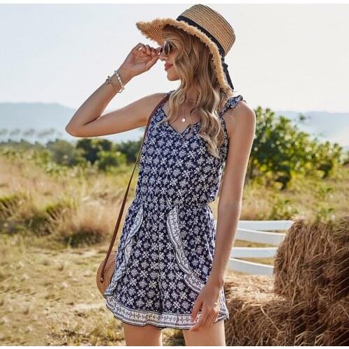 DUISNENA boho jumpsuit blue floral print strap top ruffled women rompers summer mujer casual vestidos