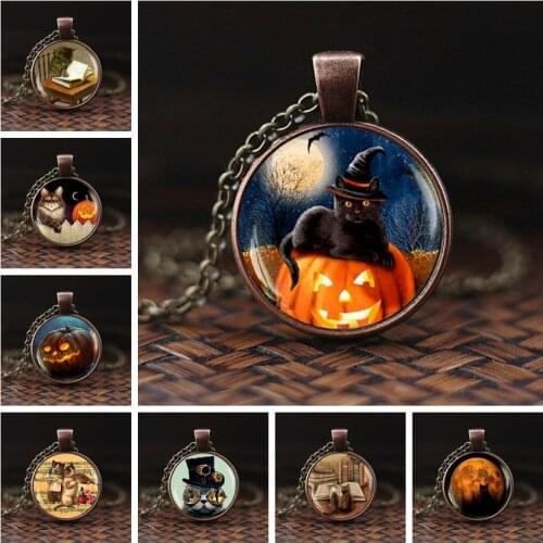 2019 Newest Pumpkin and Cat Glass Cabochon Pendent Necklace Halloween Pendant Pumpkin and Cat Hand Craft Jewelry