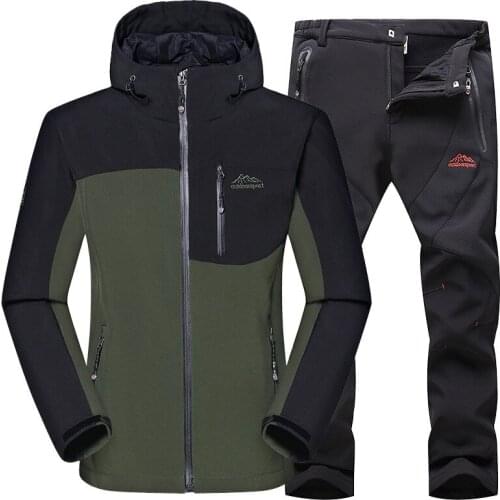 Winter Warm Hiking Jacket& Pants Soft Shell Fishing Clothing Set Mens Hooded Waterproof Jacket Trekking Hiking Coat Unisex
