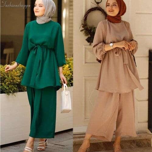 Muslim Dress Women 2 pieces Set Blouse Wide Leg Pants Dubai Abaya Lace-up Solid Ropa Kaftan Ramadan UAE Islamic Turkey African
