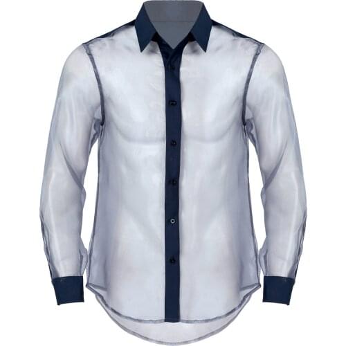 Mens Casual Long Sleeve Shirt See through Organza T-shirt Button Down Shirts Tops Sexy Underwear Party Clubwear Costumes
