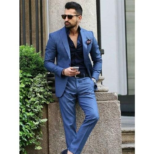 ANNIEBRITNEY Blue 2 Piece Slim Fit Men Formal Suit Tailor Made Groom Wedding Tuxedo 2 Piece Prom Wedding Business Men Suit Set