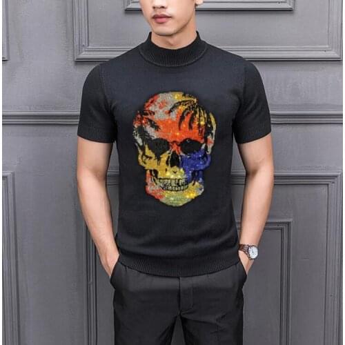 Mens Diamonds Skulls Sweater Casual Pullover Mens Warm Sweaters Man Slim Knitted Pullovers Male Rhinestones Sweater