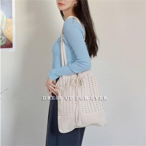 Korean Style Gentle Lady Bags Knitted Hollow Out Drawstring One-Shoulder Portable Bucket Large Capacity Tote Bag
