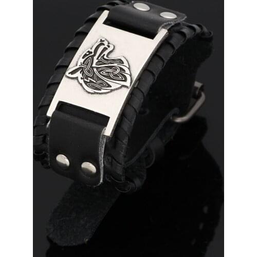 Nodic viking odin wolf leather amulet bracelet -adjustable size 19-31 cm