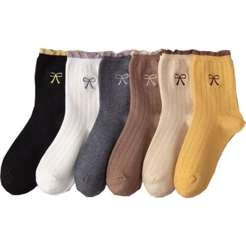 5 Pairs Socks Women Set Autumn Embroidery Bowknot Japanese Harajuku Ruffle Mori Pure Cotton Breathable Middle Tube Wearable
