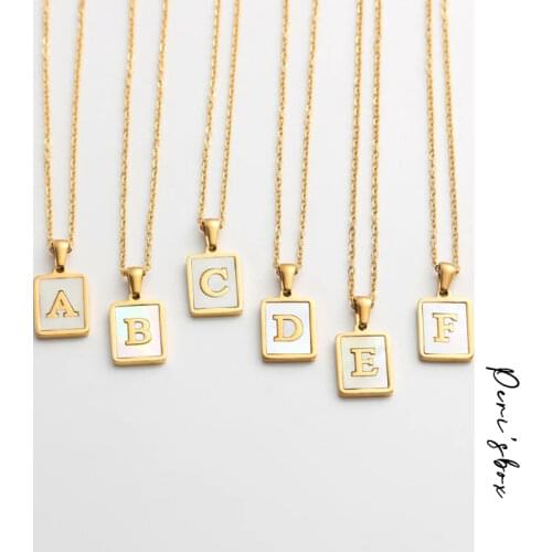PerisBox A-Z Alphabet Square Initial Necklaces Natural Shell Letter Necklaces for Women Minimalist Stainless Steel Jewelry 2020