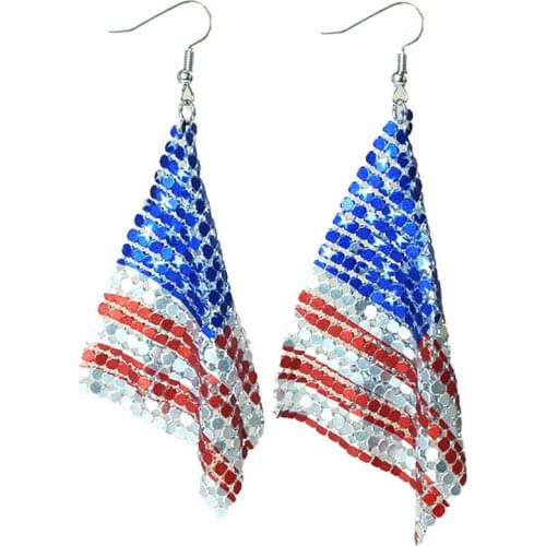 Patriotic Metal Sequin Flag Earrings for Women Golden Aluminum Sheet Retiform Mixed Metal Drop Earrings Independence Day Jewelry