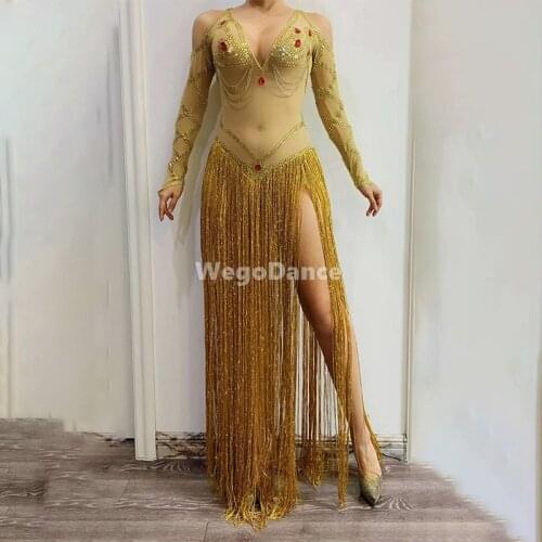 Sexy Mesh Gold Tassel Single Shoulder Evening Party Rhinestones Fringes Latin Dance Dress Birthday Celebrate Golden