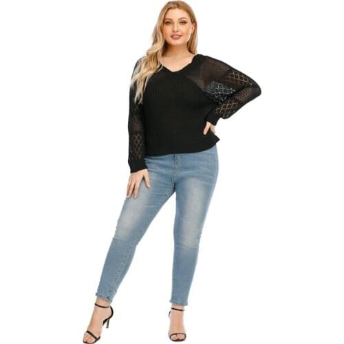 H80&S90 Hollow Out Knitted Sweater Women Fashion V-Neck Long Sleeve Pullovers Female Plus Size Jumpers