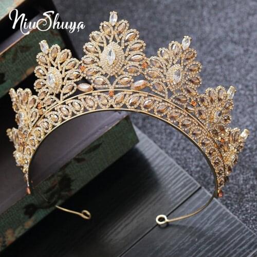 NiuShuya Luxury Trendy Full Rhinestone Crystal Tiara Big Crown Wedding Bride Queen Headpiece Crown Champagne gold Hair Accessory