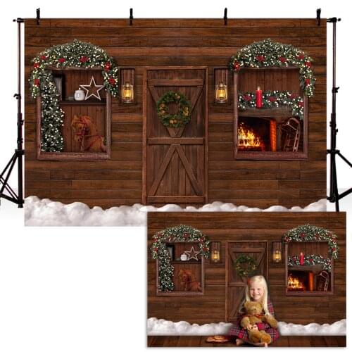 Christmas Photography Background X-mas Candle Fireplace Wooden Door Backdrop Horse Decoration Props Banner For Photo Studio
