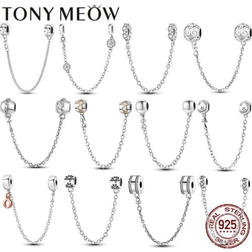 Silver Safety Chain 925 Sterling Silver Band of Hearts Safety Chain Charm Beads fit Original Bracelet DIY 925 Jewelry Making