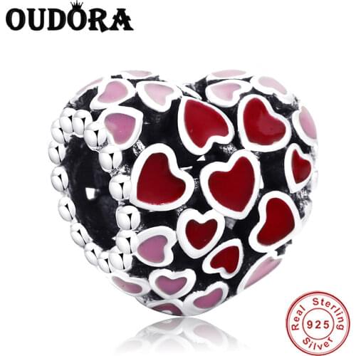 925 Sterling Silver Pink Red Enamel Hearts Charms Fit Original Pandora Bracelet Charm Beads Women For Jewelry Berloque Making