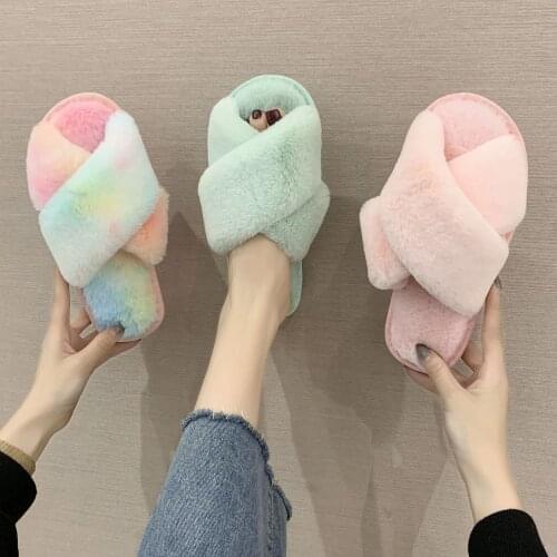 Spring Home Slippers Badroom Women House Slippers Faux Fur Ladies Slippers Soft Plush Fluffy Female Open Toe Slides