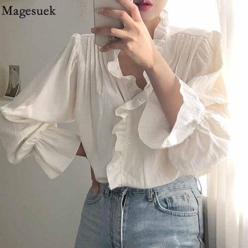 Spring Sweet White Shirts Streetwear Hot Sale High Quality Ruffle Blouse Women 2021 New Large Size Solid Loose Tops Blusas 13467