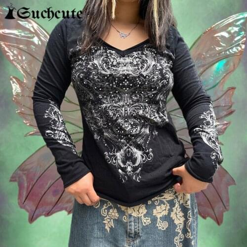 SUCHCUTE Gothic Print Women T Shirts Dark Academia Graphic Vintage Black E Girl Tops Rhinestone Aesthetic Grunge Tee Autumn 2021