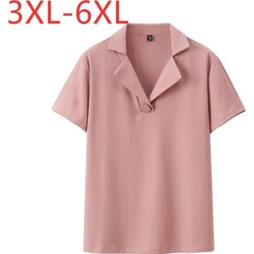 New 2021 Ladies Summer Plus Size Tops For Women Large Short Sleeve Loose Cotton Pink V-neck T-Shirt 3XL 4XL 5XL 6XL
