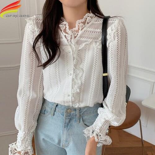 New 2021 Spring Lace Blouse Women V Neck Collar White Corset Tops To Wear Out Long Lantern Sleeve Beaded Streetwear Women Shirts