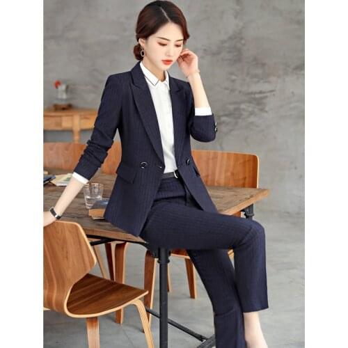 Fashion Striped High Quality Fabric Uniform Designs Women Business Suits With Pencil Pants and Jackets Coat Ladies Pants Suits