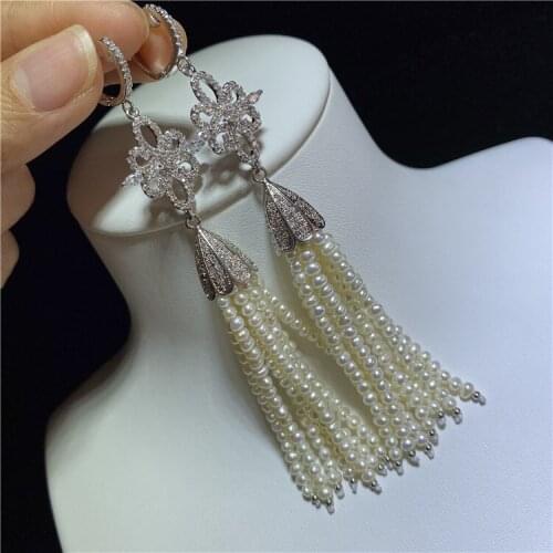 Woman natural white freshwater pearl micro inlay zircon accessories drop earrings long 10cm luxury