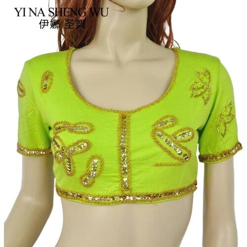 1Pc Women Belly Dance Costume Dancing Practice Wear Belly Dance Short Sleeves Beaded Top Belly Dance Sequin Beaded Top 10 Colors