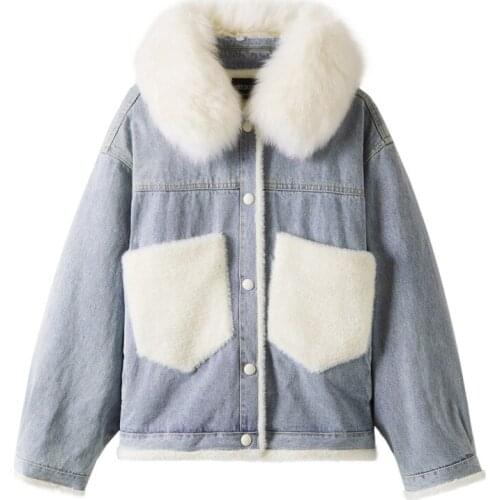 S-XXL size newest winter denim jacket with fox fur collar single-breasted sweet parka with velvet warm denim cotton jacket MF054