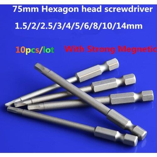 10pcs/lot 75mm long 1.5-14mm Hexagon Wind Bit With magnetic Electric Pneumatic screwdriver screwdriver Free shipping