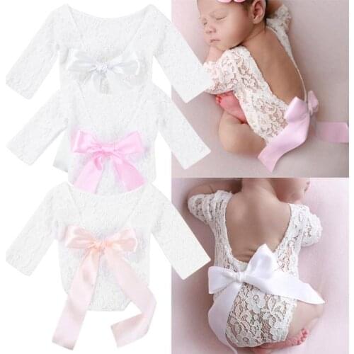2pcs Newborn Photography Props Baby Girls Lace Rompers Headband Photo Shoot Princess Kids Clothes Jumpsuit Clothes Onesies