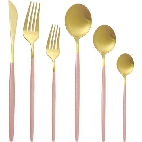 6Pcs Pink Gold Dinnerware Set Stainless Steel Cutlery Set Knives Forks Tea Spoons Dinner Set Kitchen Tableware Silverware Set