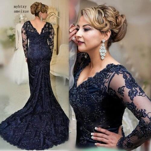 Long Sleeves V-Neck Court Train Embroidery Applique Crystal Pearl Beaded Mermaid Satin Evening Dresses Long Sleeves Party Gowns