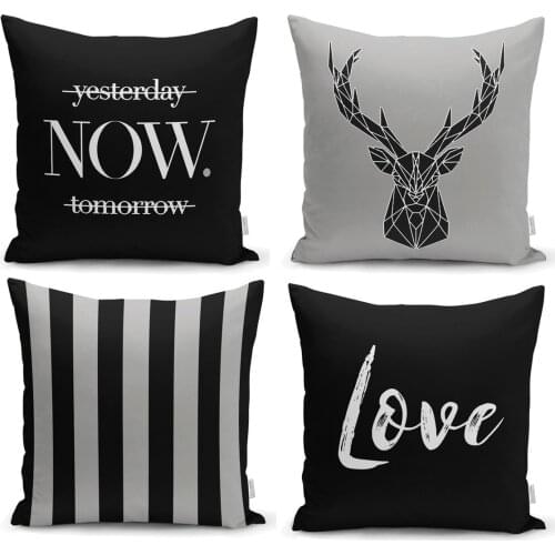 Black Gray Ground Deer And Written Special Design Pillow Decorate 4'lü Pillow Decorate Case Set Good Quality Stylish Home Garden Room Kitchen Gift Convenient Decorative