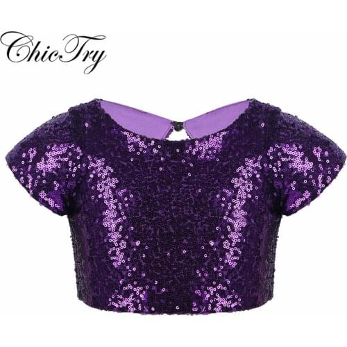 Sequins Kids Girls Cap Sleeves Ballet Dance Tops Keyhole Back Crop Top for Dance Stage Performance Birthday Party Daily Wear