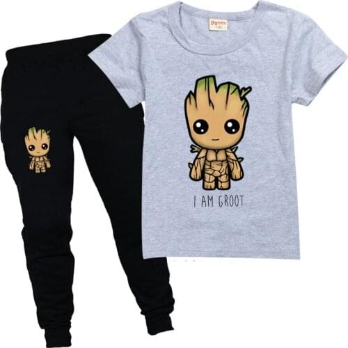 Marvel I Am Groot Groot Kids T Shirts Summer Cotton Short-sleeved T-Shirt + Trousers Children Suit Boys Girls Outdoor Sportswear