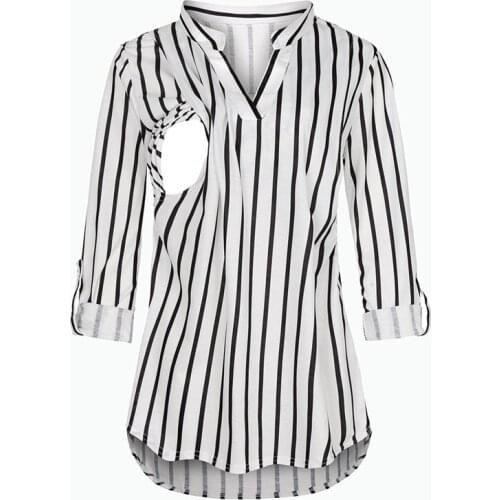 Pregnant Women Breastfeeding T-shirt Maternity Clothes Solid Color Plaid Stripes V-neck Long Sleeve Nursing Tops Maternity 2021