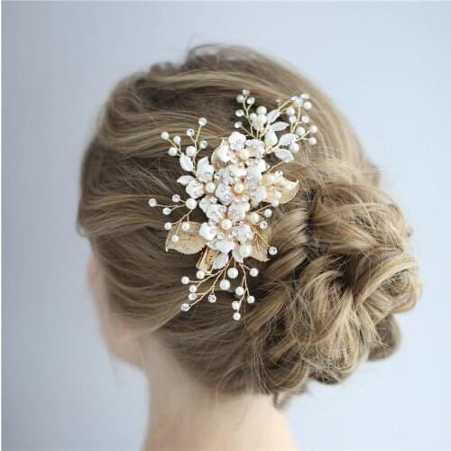 Jonnafe Bridal Pearls Jewelry Hair Clip Gold Flower Women Headpiece Handmade Leaf Hair Accessories For Wedding Prom