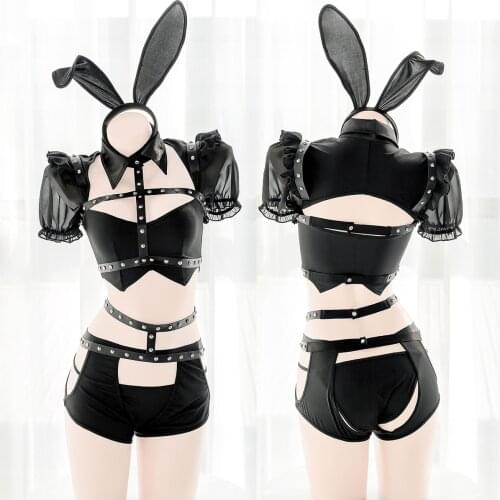 Womens Sexy Lolita Punk Bunny Girl Rivet Binding Belt Suit Hollow Out Underwear Set Cosplay Gothic Style Cute Black Lingerie