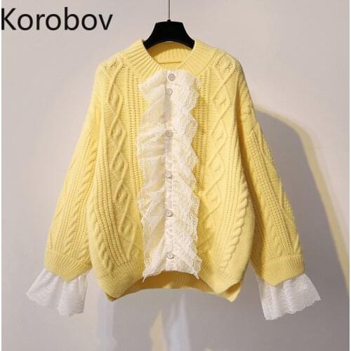 Korobov 2020 Autumn Winter New Women Sweaters Korean Sweet Lace Patchwork Ruffles Sueter Mujer Vintage O Neck Long Sleeve Jumper