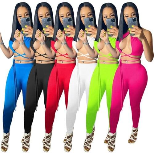 Sexy Summer 2pcs Set Tracksuit Hollow Out Halter Bandage Crop Top And Long Skinny Trousers Casual Women Fitness Sports Suit