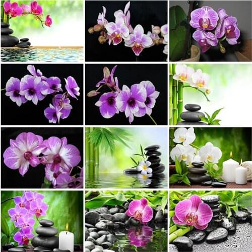 Full Square Round 5D DIY Diamond Painting Orchid Scenery Flower Pictures Diamond Embroidery Rhinestone Crafts Kit Home Decor