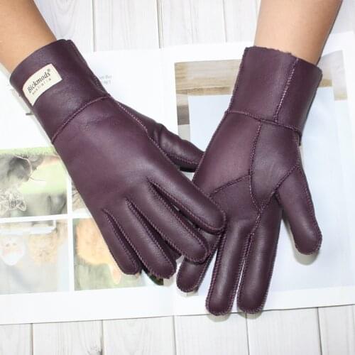 New womens fur all-in-one sheepskin gloves leather color warm winter wool lining wind and cold gloves